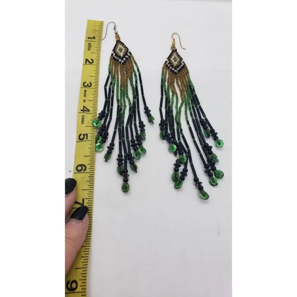 Vintage Earrings Super Long Hand Beaded Fringe Boho Ethnic